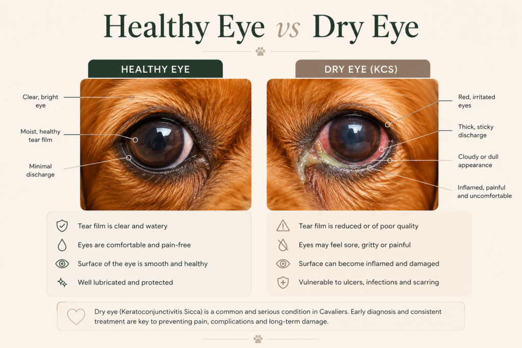Healthy eye vs dry eye infographic in Cavalier King Charles Spaniels showing the differences between a healthy lubricated eye and dry eye (KCS), including redness, discharge, inflammation, and reduced tear film.