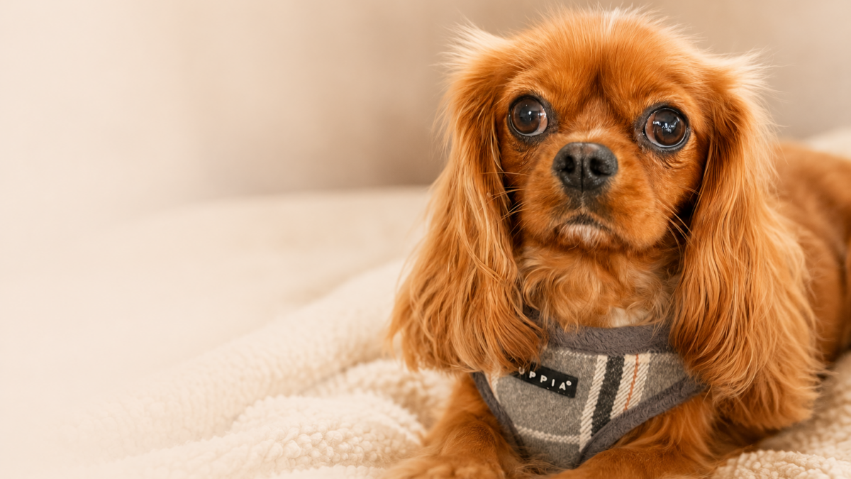 Rupert a ruby Cavalier king Charles Spaniel with dry eye