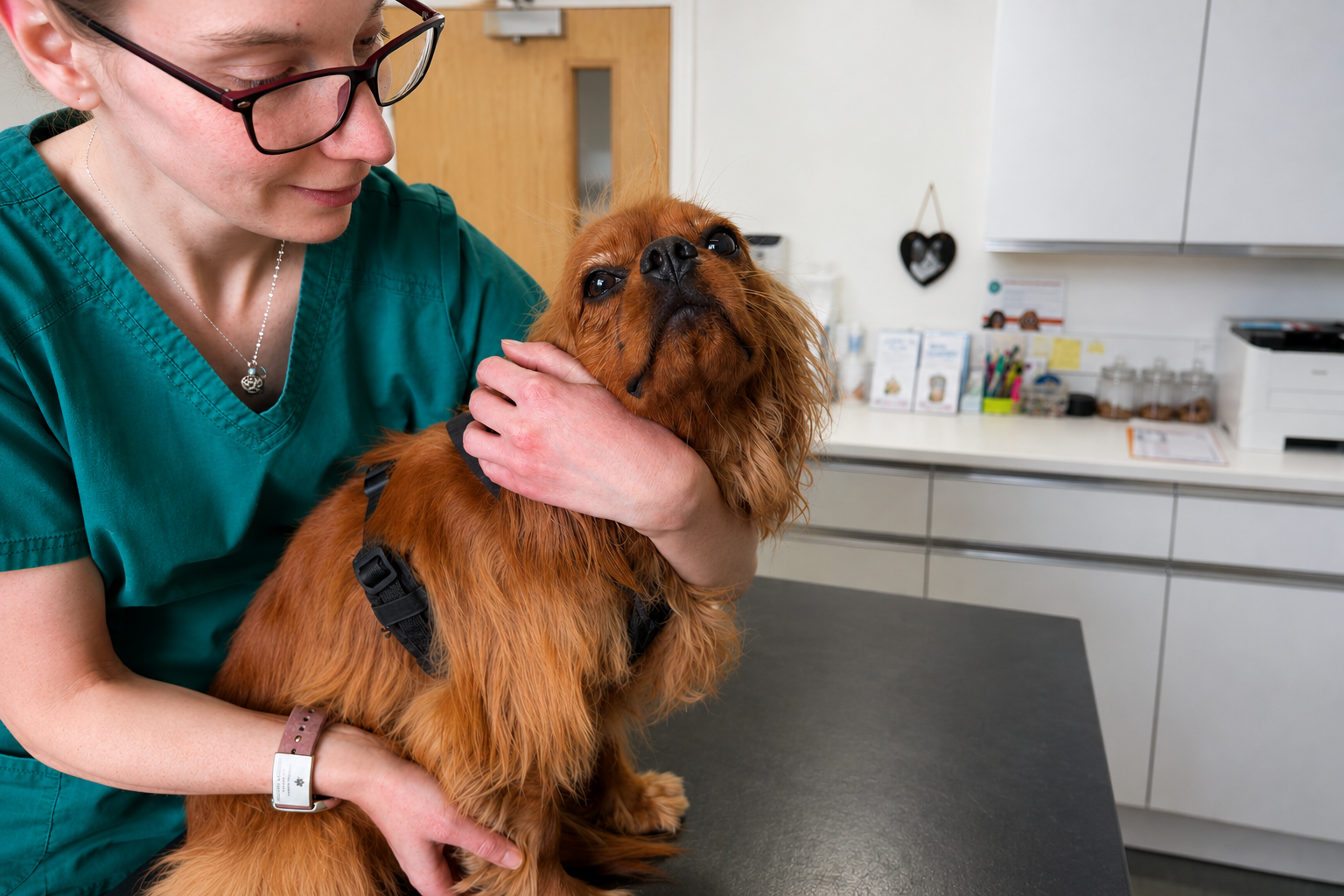 Puppy Wuppy a ruby rescue Cavalier King Charles Spaniel being prepped for a blood test