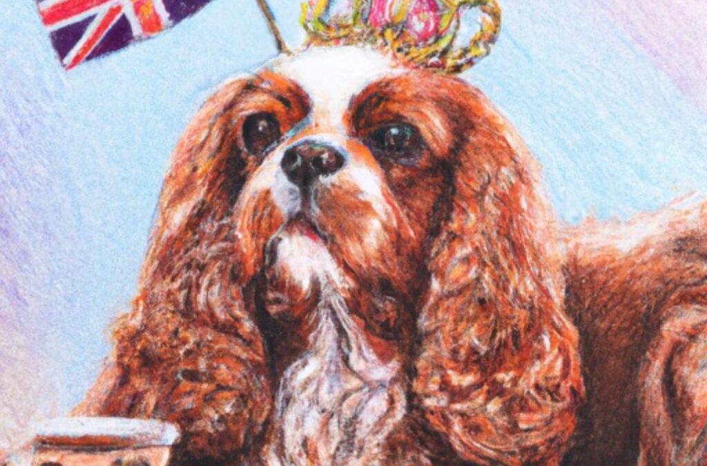 Cavalier King Charles Spaniel with Union Jack and Crown and cup of English tea