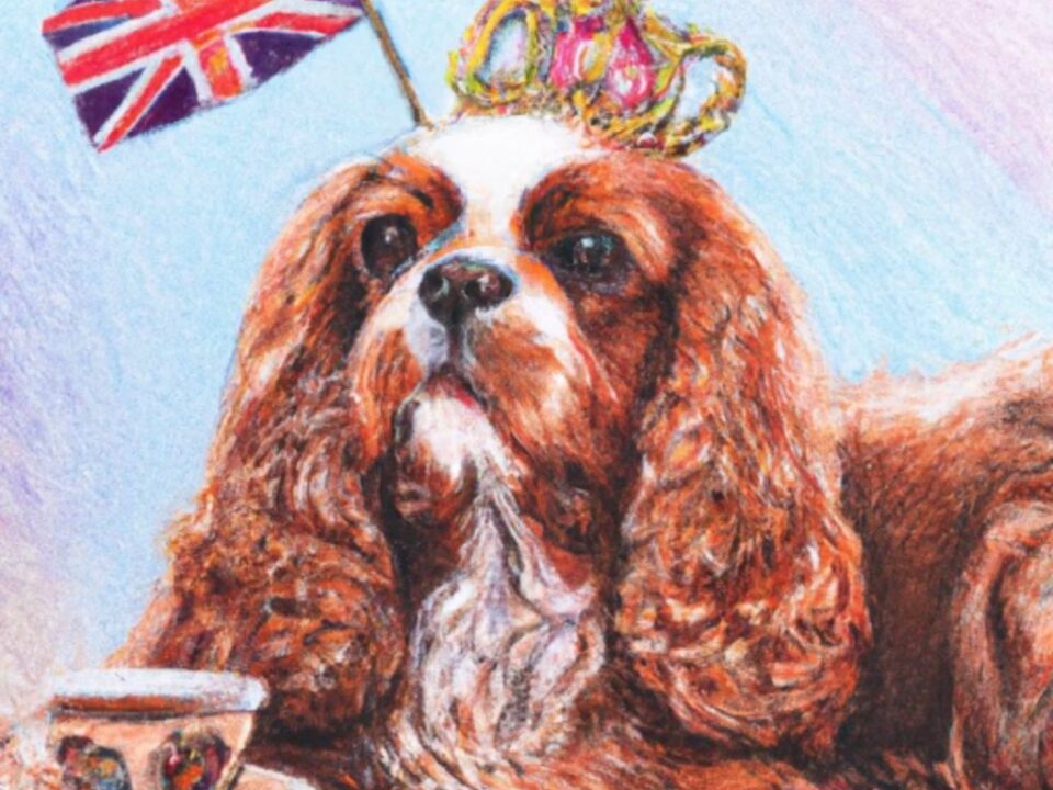 Cavalier King Charles Spaniel with Union Jack and Crown and cup of English tea