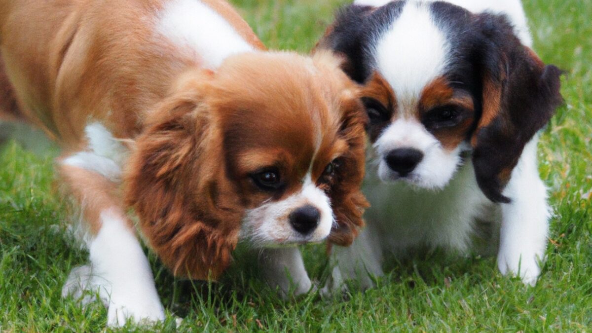 Cavalier puppies, one blenheim and one Tricolour on grass