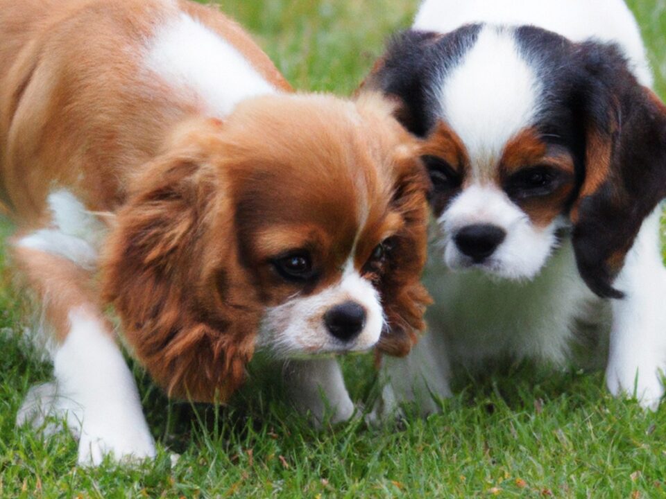 Cavalier puppies, one blenheim and one Tricolour on grass