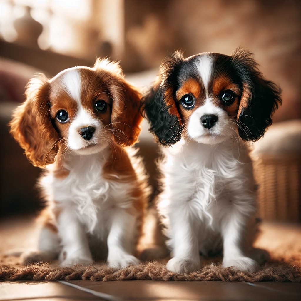 pros and cons of owning a a Cavalier - Cavalier puppies in Blenheim and Tricolour colours sitting on a cosy rug