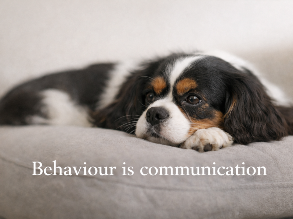 Calm Cavalier King Charles Spaniel resting, with text reading “Behaviour is communication”