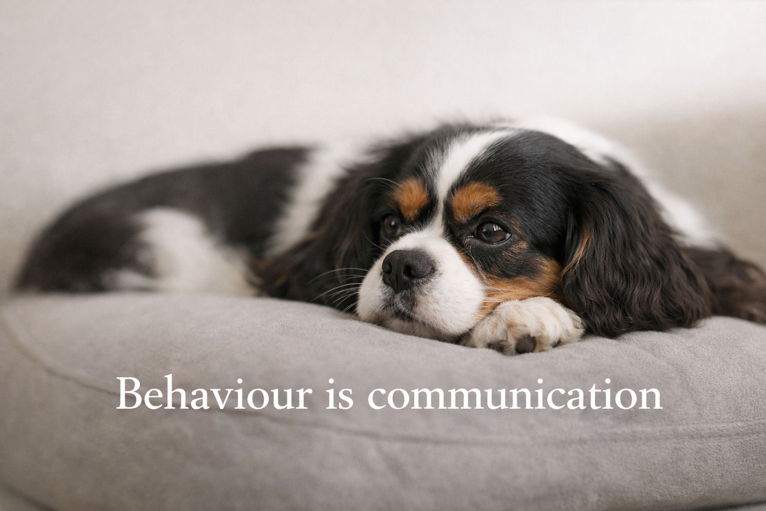 Calm Cavalier King Charles Spaniel resting, with text reading “Behaviour is communication”