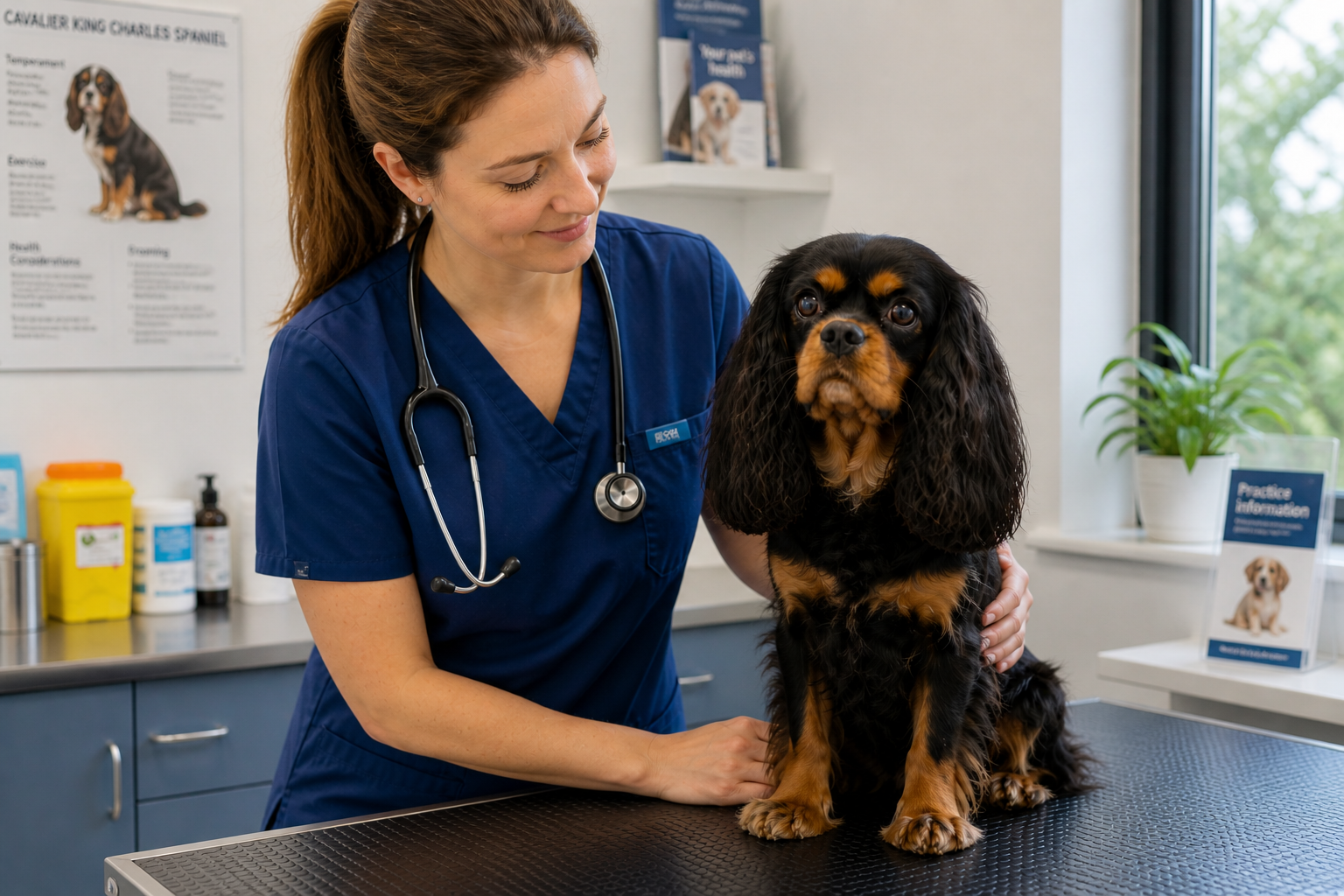 Black and tan Cavalier King Charles Spaniel at a veterinary health check with a vet in blue scrubs