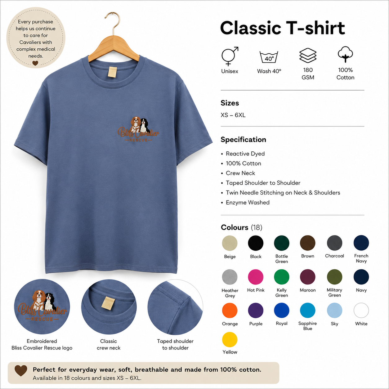 Bliss Cavalier Rescue classic t-shirt image showing colours and sizes