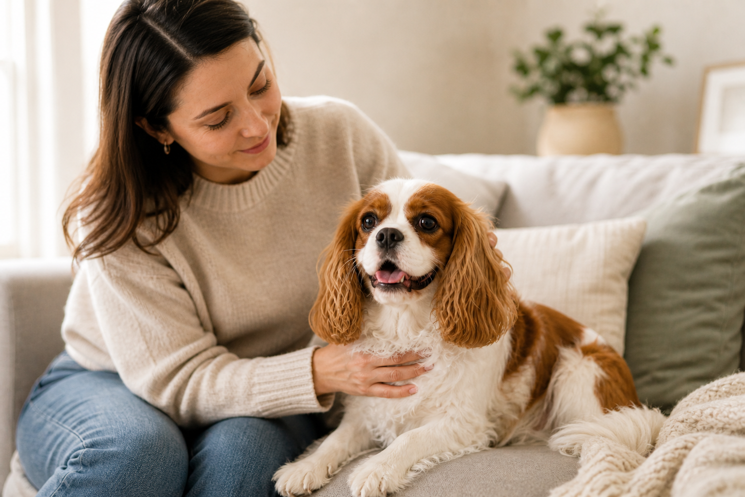 Cavalier King Charles Spaniel showing behaviour and emotional support needs with owner interaction