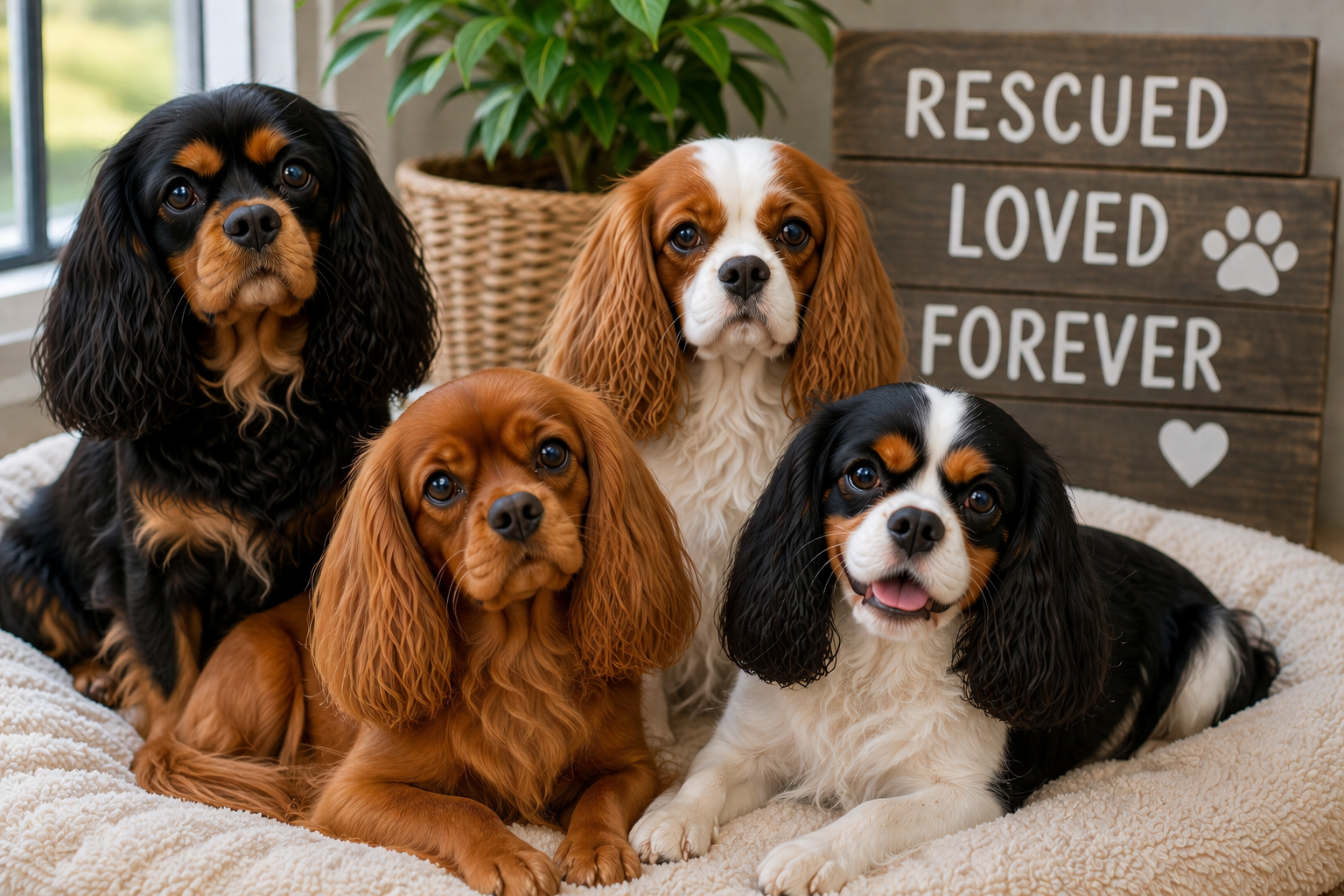 Rescue Cavalier King Charles Spaniels including a ruby Cavalier resting together indoors in a calm home environment