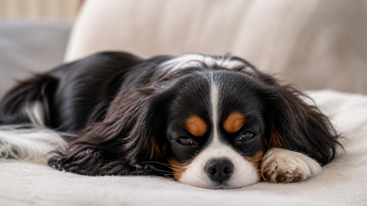 Tricolour Cavalier King Charles Spaniel resting calmly indoors