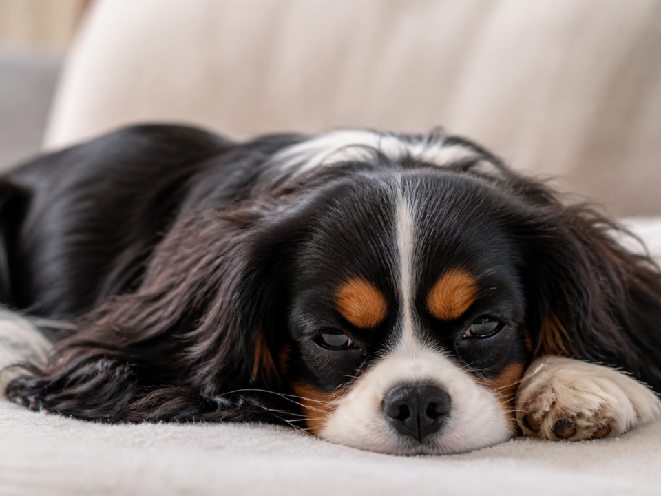 Tricolour Cavalier King Charles Spaniel resting calmly indoors