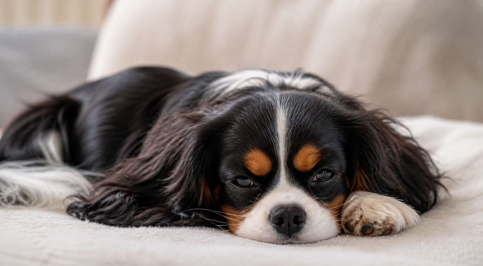 Tricolour Cavalier King Charles Spaniel resting calmly indoors