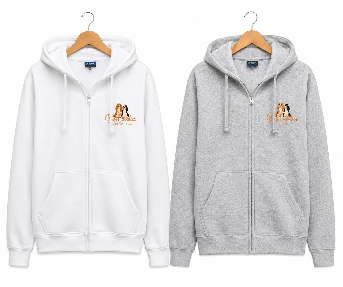 white and grey Bliss Cavalier Rescue hoodies
