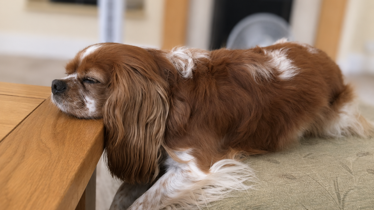 Rescue Cavalier King Charles Spaniel Ruby with chiari malformation, sleeping in an odd position.