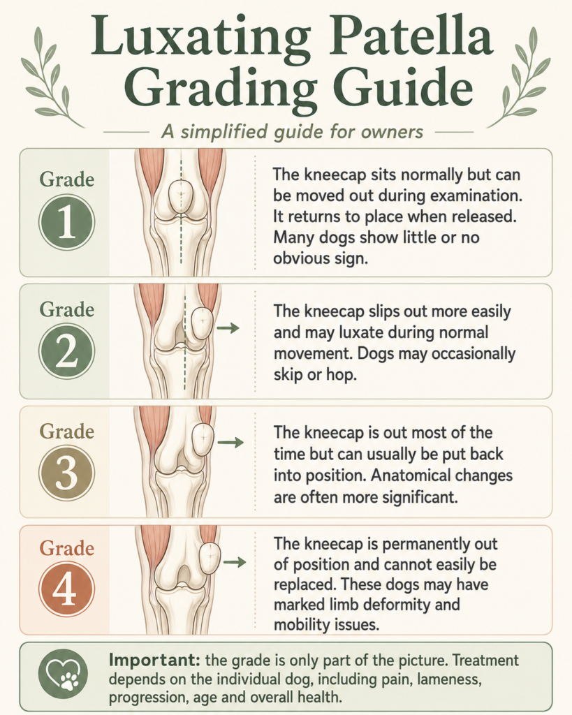 Infographic showing Grades 1–4 of luxating patella in dogs, from mild kneecap movement to permanent luxation and limb deformity.